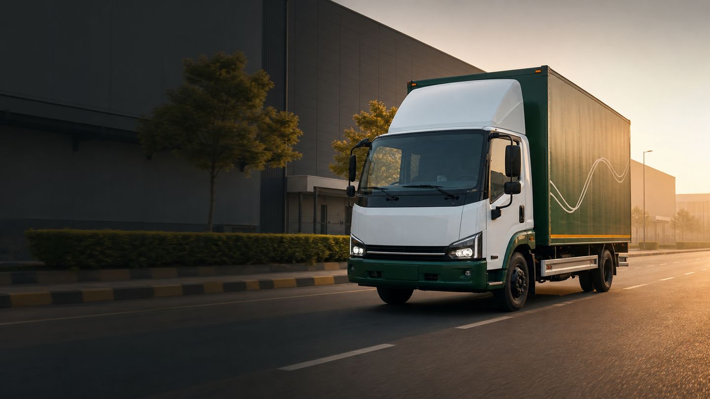 Electric freight truck travelling through a modern logistics corridor